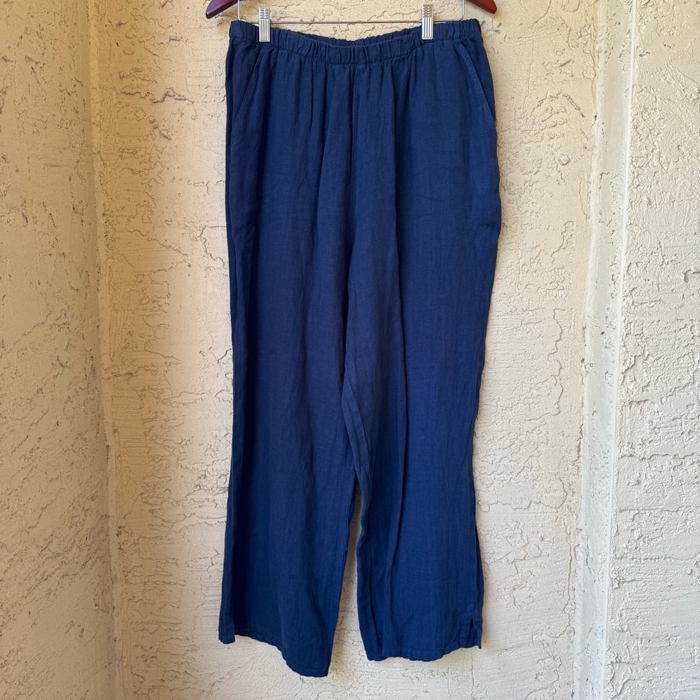 Match Point Navy Linen Pants Sz M Wide Leg Elastic Waist Pockets